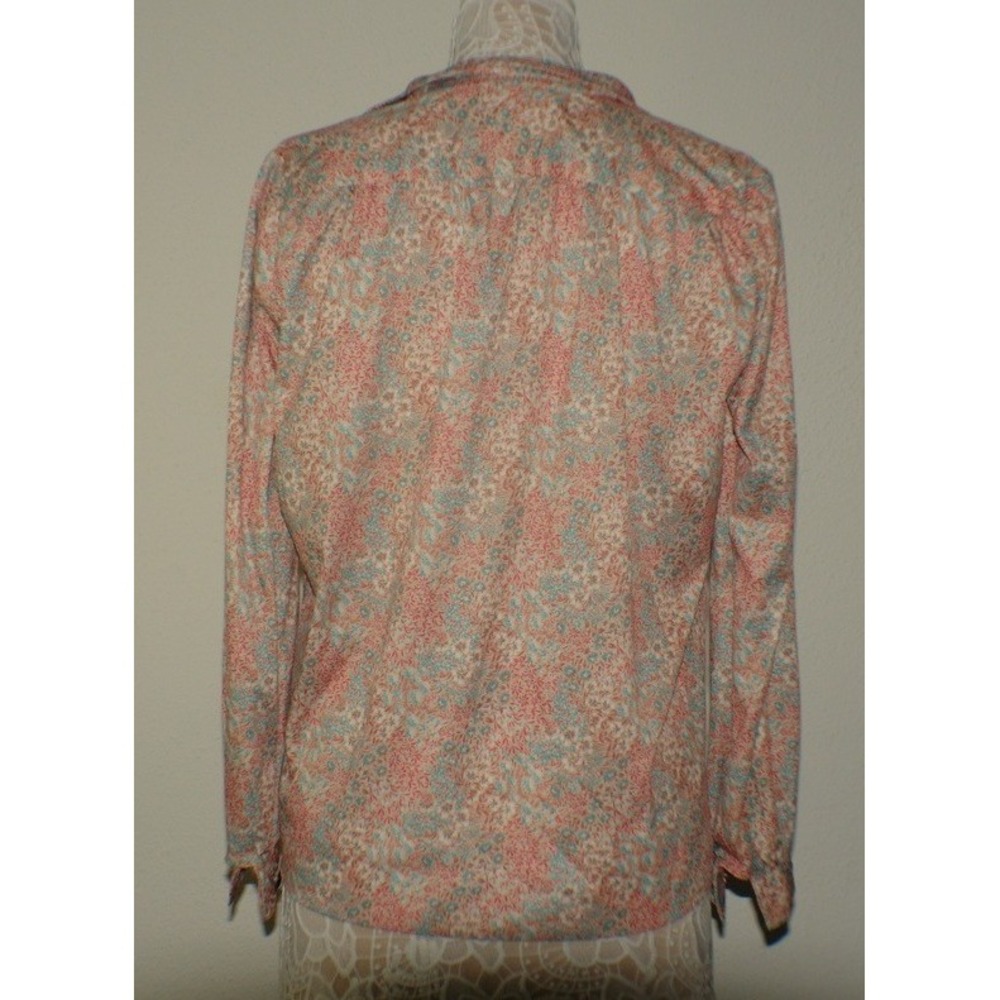 Vintage Ditsy Floral Long Sleeve Blouse Split Neck Coral Teal Top - Picture 4 of 5